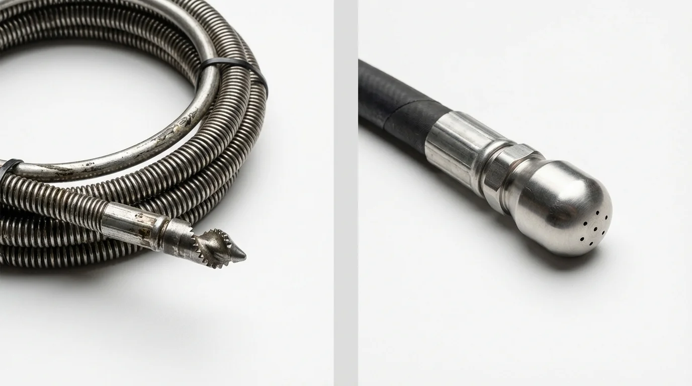 Drain snake cable and hydro jetting nozzle used for drain cleaning in North Hampton, NH