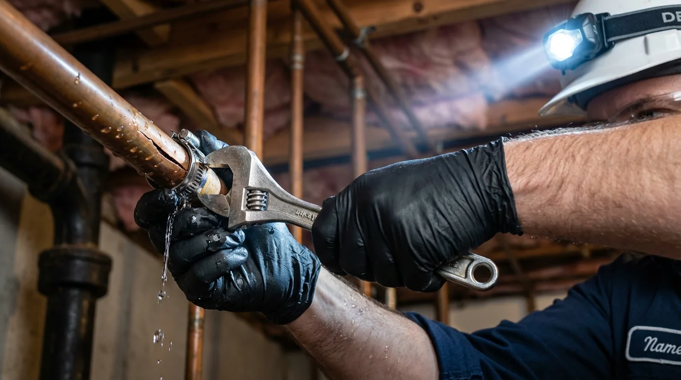 Emergency pipe clamp repair being performed by a Johns Plumbing LLC plumber in North Hampton