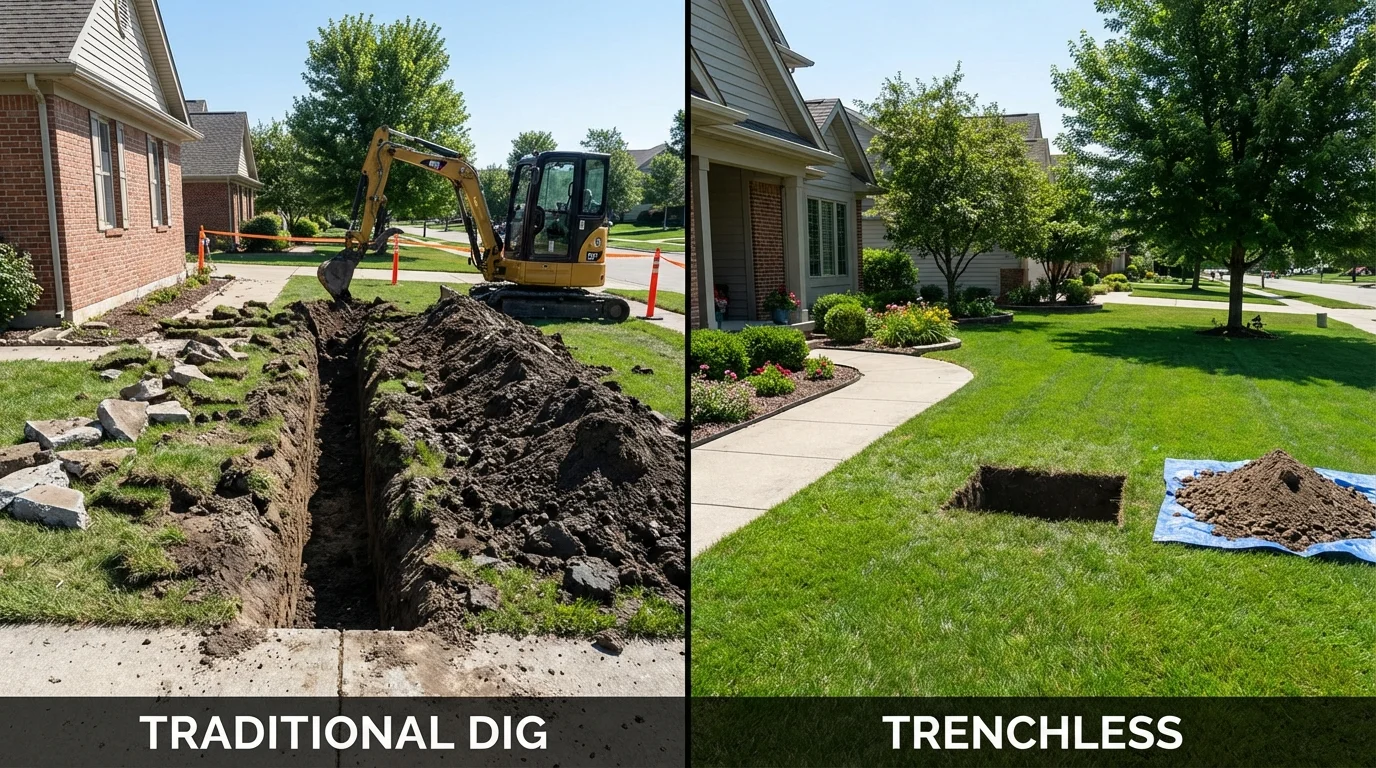 Trenchless sewer repair with minimal yard damage versus traditional excavation in North Hampton, NH