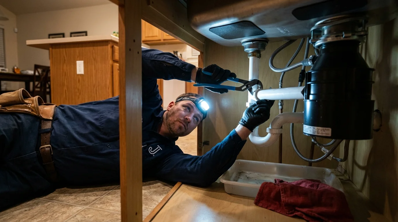 P-trap and supply line connections under a kitchen sink showing a common leak point in North Hampton, NH